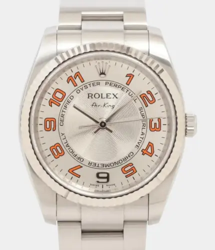 Rolex Air-King 114234 Fluted Silver Orange Arabic Dial Box Papers Replik