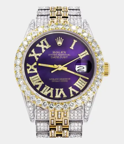 Iced Out Rolex Datejust 36 MM | Two Tone | 10 Carats of Diamonds | Purple Roman Diamond Dial Replik