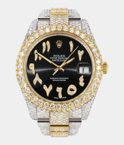Diamond Iced Out Rolex Datejust 41 | 25 Carats Of Diamonds | Custom Black Arabic Numeral Diamond Dial | Two Tone | Two Row | Oyster Band Replik