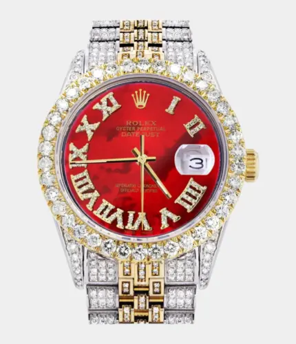 Iced Out Rolex Datejust 36 MM | Two Tone | 10 Carats of Diamonds | Red Mother of Pearl Roman Diamond Dial Replik