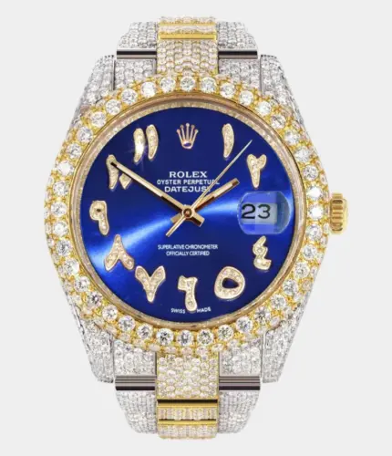 Diamond Iced Out Rolex Datejust 41 | 25 Carats Of Diamonds | Custom Blue Arabic Numeral Diamond Dial | Two Tone | Two Row | Oyster Band Replik