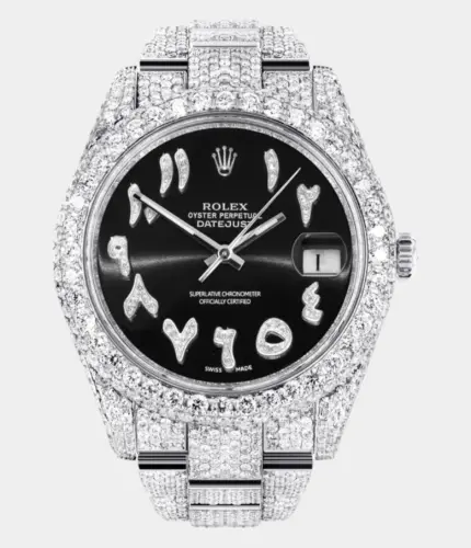 Diamond Iced Out Rolex Datejust 41 | 25 Carats Of Diamonds | Custom Black Arabic Numeral Diamond Dial | Two Row | Oyster Band Replik