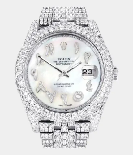 Diamond Iced Out Rolex Datejust 41 | 25 Carats Of Diamonds | Custom Mother of Pearl Arabic Numeral Diamond Dial | Two Row | Jubilee Band Replik