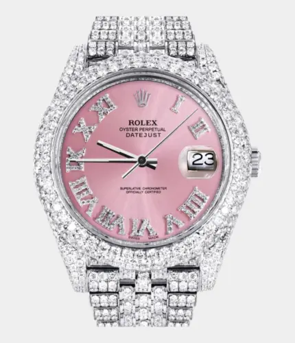 Diamond Iced Out Rolex Datejust 41 | 25 Carats Of Diamonds | Custom Pink Roman Numeral Diamond Dial | Two Row | Jubilee Band Replik