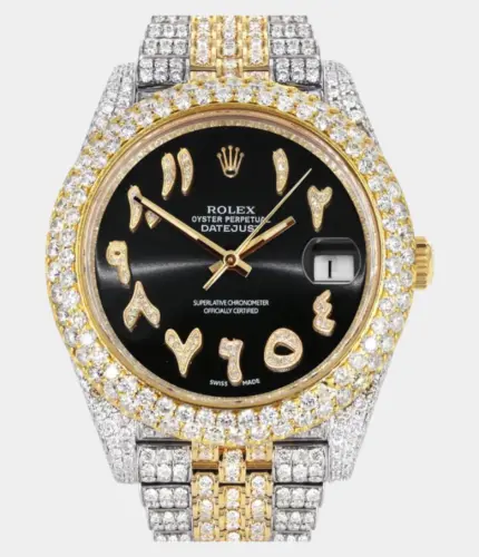Diamond Iced Out Rolex Datejust 41 | 25 Carats Of Diamonds | Custom Black Arabic Numeral Diamond Dial | Two Tone | Two Row | Jubilee Band Replik