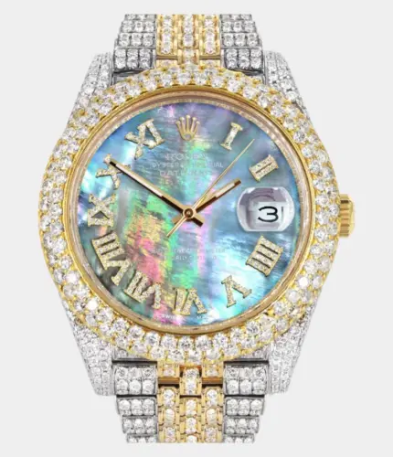 Diamond Iced Out Rolex Datejust 41 | 25 Carats Of Diamonds | Abalone Mother of Pearl Dial | Two Tone | Two Row | Jubilee Band Replik