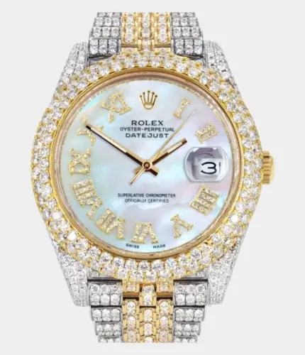 Diamond Iced Out Rolex Datejust 41 | 25 Carats Of Diamonds | Mother Of Pearl Dial | Two Tone | Two Row | Jubilee Band Replik