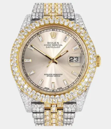 Diamond Iced Out Rolex Datejust 41 | 25 Carats Of Diamonds | Custom Dawn Pink Dial | Two Tone | Two Row | Jubilee Band Replik