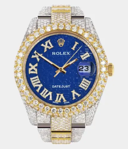 Diamond Iced Out Rolex Datejust 41 | 25 Carats Of Diamonds | Blue Text Pattern Dial | Two Tone | Two Row | Oyster Band Replik