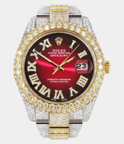 Diamond Iced Out Rolex Datejust 41 | 25 Carats Of Diamonds | Red Black Roman Numeral Dial | Two Tone | Two Row | Oyster Band Replik