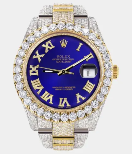Diamond Iced Out Rolex Datejust 41 | 25 Carats Of Diamonds | Custom Royal Blue Roman Numeral Diamond Dial | Two Tone | Oyster Band Replik
