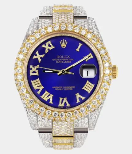 Diamond Iced Out Rolex Datejust 41 | 25 Carats Of Diamonds | Custom Royal Blue Roman Numeral Diamond Dial | Two Tone | Two Row | Oyster Band Replik