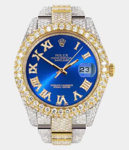 Diamond Iced Out Rolex Datejust 41 | 25 Carats Of Diamonds | Custom Blue Roman Numeral Diamond Dial | Two Tone | Two Row | Oyster Band Replik
