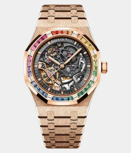 Audemars Piguet Royal Oak Double Balance Wheel Baguette Gemstones Frosted Rose Gold Openworked Dial Replik