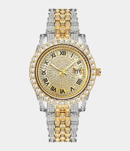 Iced-Out Diamond Watch – Two Tone/Gold with Crystal Rhinestone Analog Bracelet Wrist Replik