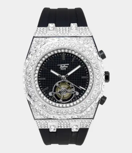 Men's 43mm Iced-Out Watch – Silver Black Case with Black Silicone Band Replik