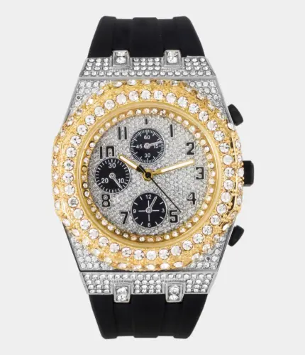 Men's 43mm Iced-Out Watch – Two Tone-Silver Case with Black Silicone Band Replik