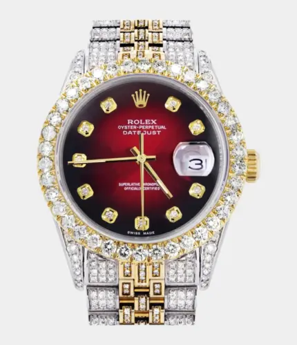 Iced Out Rolex Datejust 36 MM | Two Tone | 10 Carats of Diamonds | Red Black Diamond Dial Replik