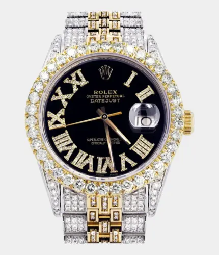 Iced Out Rolex Datejust 36 MM | Two Tone | 10 Carats of Diamonds | Black Roman Diamond Dial Replik
