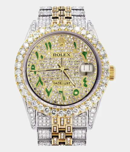 Iced Out Rolex Datejust 36 MM | Two Tone | 10 Carats of Diamonds | Full Diamond Green Arabic Diamond Dial Replik