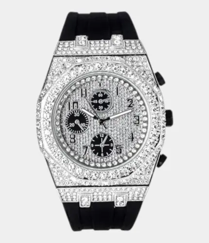 Men's 43mm Iced Out Octagonal Case Silicone Band Watch Silver-black Replik