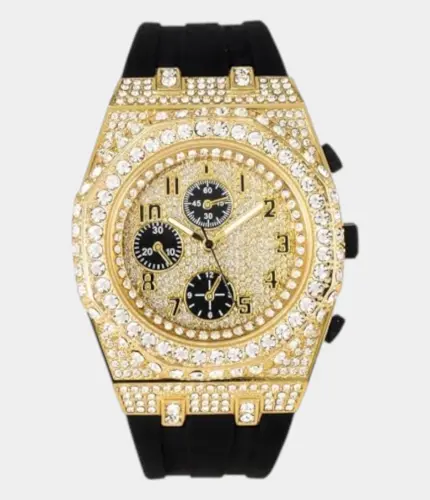 Men's 43mm Iced Out Octagonal Case Silicone Band Watch Gold-black Replik