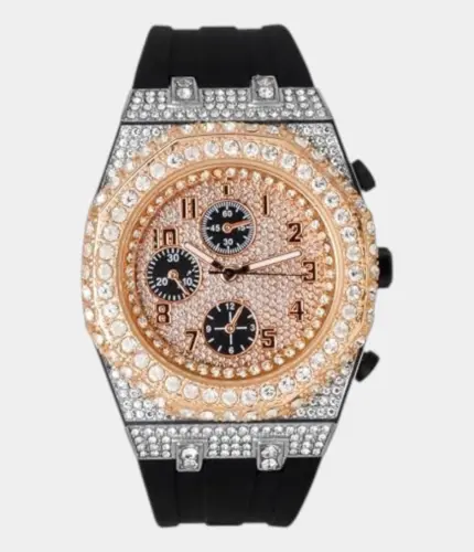 Men's 43mm Iced Out Octagonal Case Silicone Band Watch Rose Gold-black Replik