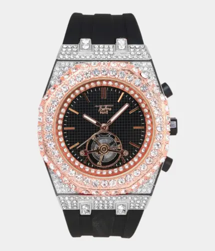 Men's 43mm Iced Out Octagonal Case Silicone Band Watch Rose Black Replik