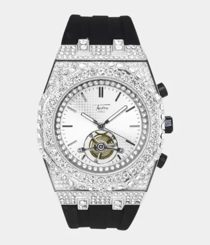 Men's 43mm Iced Out Octagonal Case Silicone Band Watch Silver Replik