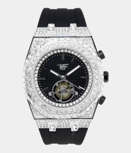 Men's 43mm Iced Out Octagonal Case Silicone Band Watch Silver Black Replik