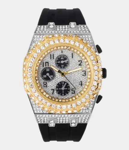 Men's 43mm Iced Out Octagonal Case Silicone Band Watch Two Tone-silver Replik
