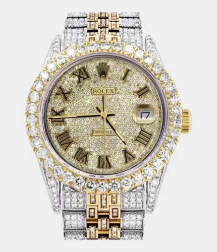 Iced Out Rolex Datejust 36 MM | Two Tone | 10 Carats of Diamonds | Full Diamond Gold Roman Diamond Dial Replik
