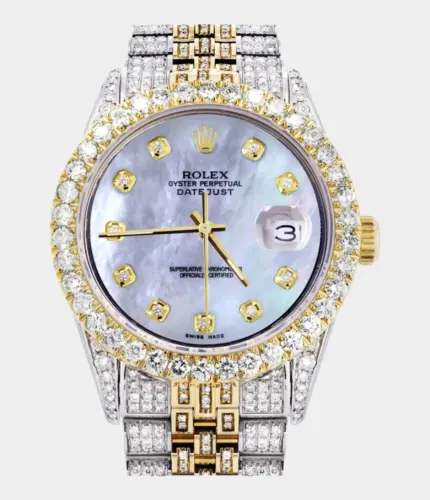 Iced Out Rolex Datejust 36 MM | Two Tone | 10 Carats of Diamonds | Mother of Pearl Diamond Dial Replik