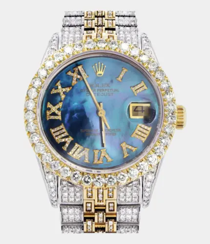 Iced Out Rolex Datejust 36 MM | Two Tone | 10 Carats of Diamonds | Blue Mother of Pearl Roman Diamond Dial Replik