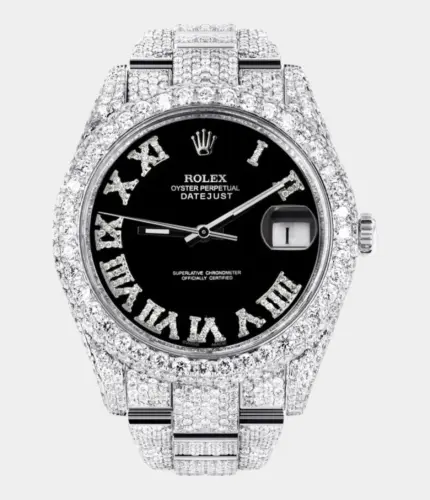 Diamond Iced Out Rolex Datejust 41 | 25 Carats Of Diamonds | Custom Black Roman Numeral Diamond Dial | Two Row | Oyster Band Replik