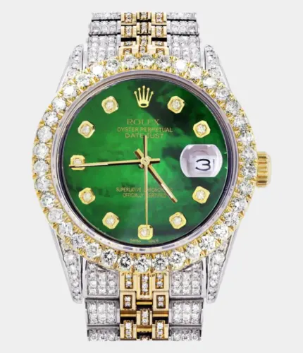 Iced Out Rolex Datejust 36 MM | Two Tone | 10 Carats of Diamonds | Green Mother of Pearl Diamond Dial Replik
