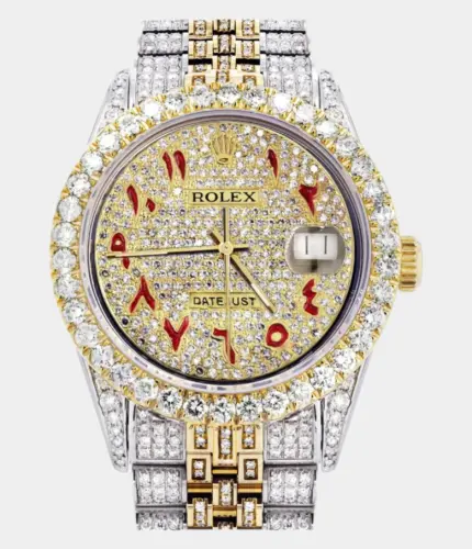 Iced Out Rolex Datejust 36 MM | Two Tone | 10 Carats of Diamonds | Full Diamond Red Arabic Dial Replik