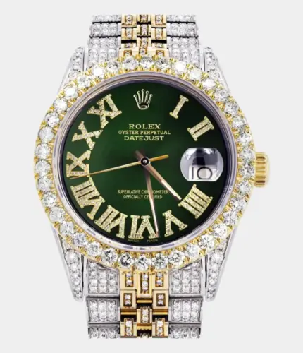 Iced Out Rolex Datejust 36 MM | Two Tone | 10 Carats of Diamonds | Green Roman Diamond Dial Replik
