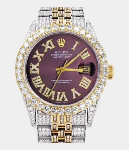 Iced Out Rolex Datejust 36 MM | Two Tone | 10 Carats of Diamonds | Burgundy Roman Diamond Dial Replik