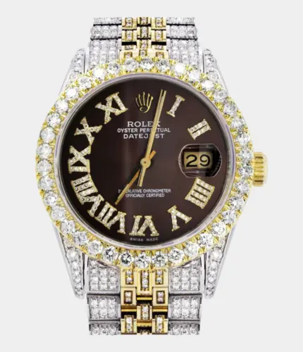 Iced Out Rolex Datejust 36 MM | Two Tone | 10 Carats of Diamonds | Chocolate Roman Diamond Dial Replik