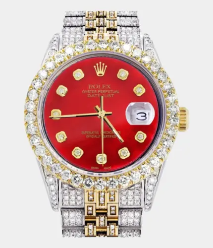 Iced Out Rolex Datejust 36 MM | Two Tone | 10 Carats of Diamonds | Red Diamond Dial Replik