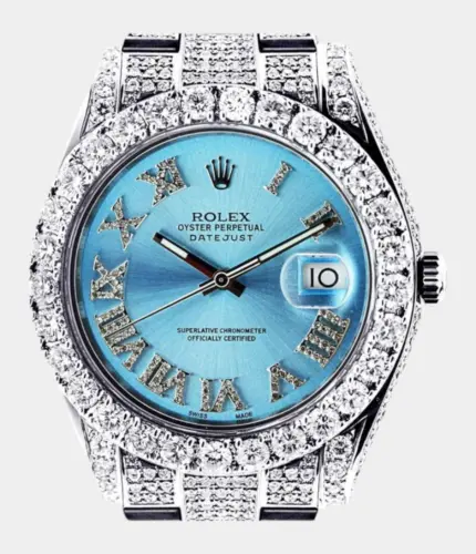 Iced Out Diamond Rolex Datejust 2 | Stainless Steel | Custom Blue Roman Numeral Dial | 41 MM | 16.55 Carats Replik