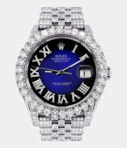 Diamond Iced Out Rolex Datejust 41 | 25 Carats Of Diamonds | Custom Blue Roman Diamond Dial | Jubilee Band Replik