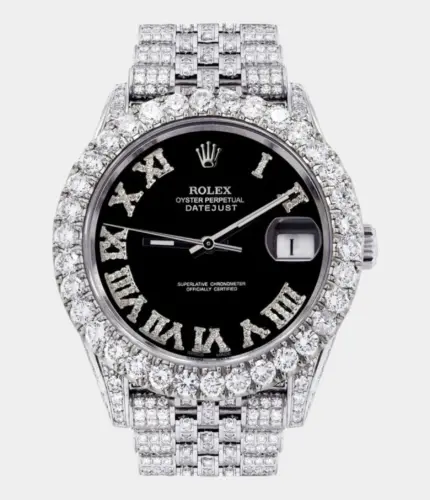 Diamond Iced Out Rolex Datejust 41 | 25 Carats Of Diamonds | Custom Black Roman Diamond Dial | Jubilee Band Replik