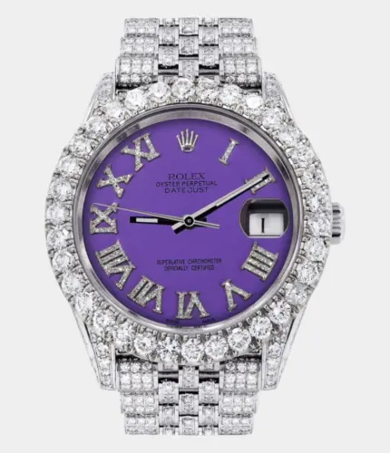 Diamond Iced Out Rolex Datejust 41 | 25 Carats Of Diamonds | Custom Purple Roman Diamond Dial | Jubilee Band Replik