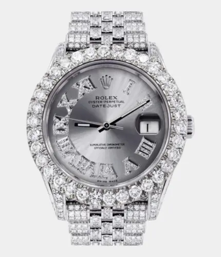 Diamond Iced Out Rolex Datejust 41 | 25 Carats Of Diamonds | Custom Silver Roman Diamond Dial | Jubilee Band Replik