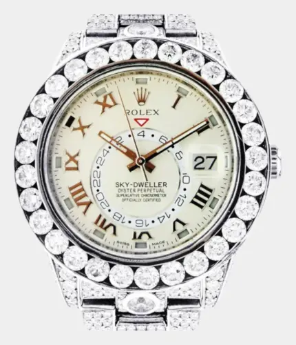Iced Out Diamond Rolex Sky Dweller | 18K White Gold | 42mm Replik