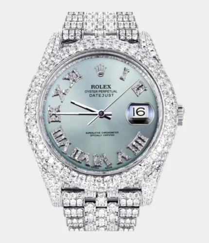 Diamond Iced Out Rolex Datejust 41 | 25 Carats Of Diamonds | Custom Teal Roman Diamond Dial | Two Row | Jubilee Band Replik