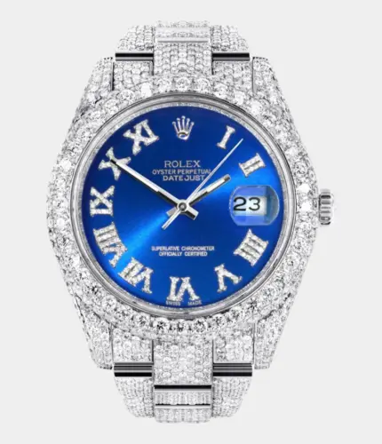 Diamond Iced Out Rolex Datejust 41 | 25 Carats Of Diamonds | Custom Blue Roman Numeral Diamond Dial | Two Row | Oyster Band Replik