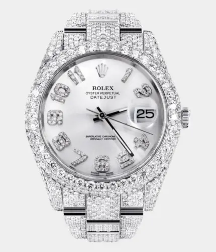 Diamond Iced Out Rolex Datejust 41 | 25 Carats Of Diamonds | Custom Silver Diamond Dial | Two Row | Oyster Band Replik